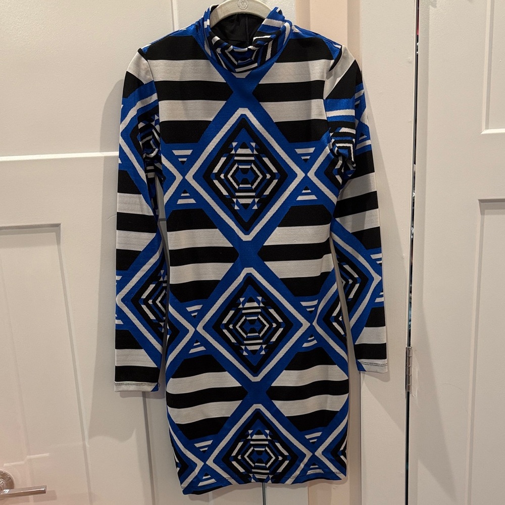 Mara Hoffman Geometric Blue and Black Long Sleeve Dress, Medium